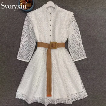 

Svoryxiu Runway Designer Summer Women Solid Mesh Embroidery Bohemian Holiday Dress Ladies Button Sashes Mini Dresses Vestidos