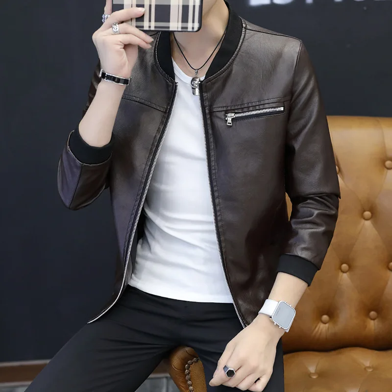 Осень и зима стиль мужской корейский стиль Slim Fit Стенд воротник сплошной цвет из искусственной кожи мужское кожаное пальто чистая распродажа