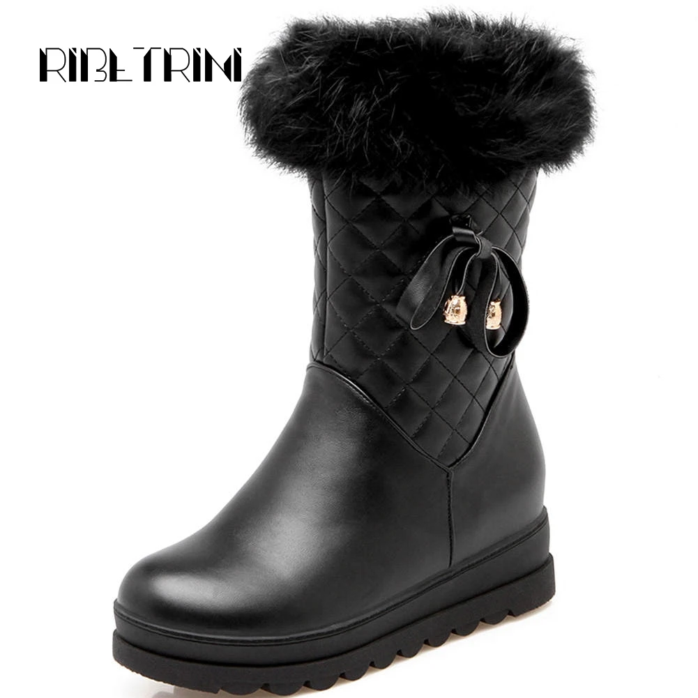 

RIBETRINI Winter Fur Boots 2019 Low Hidden Wedge Heels Round Toe Platform Shoes Woman Side Zipper Mid Calf Snow Boots Big Size