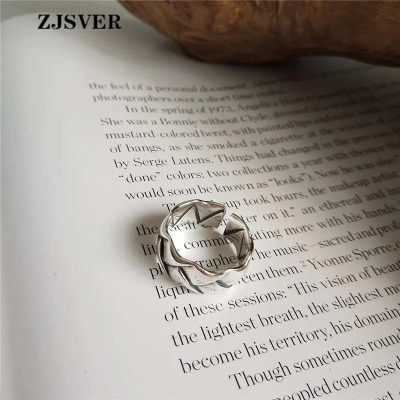 

ZJSVER Korean Jewelry 925 Sterling Silver Ring Fashion Retro Silver Wide Face Weaving Opening Adjustable Women Ring Present