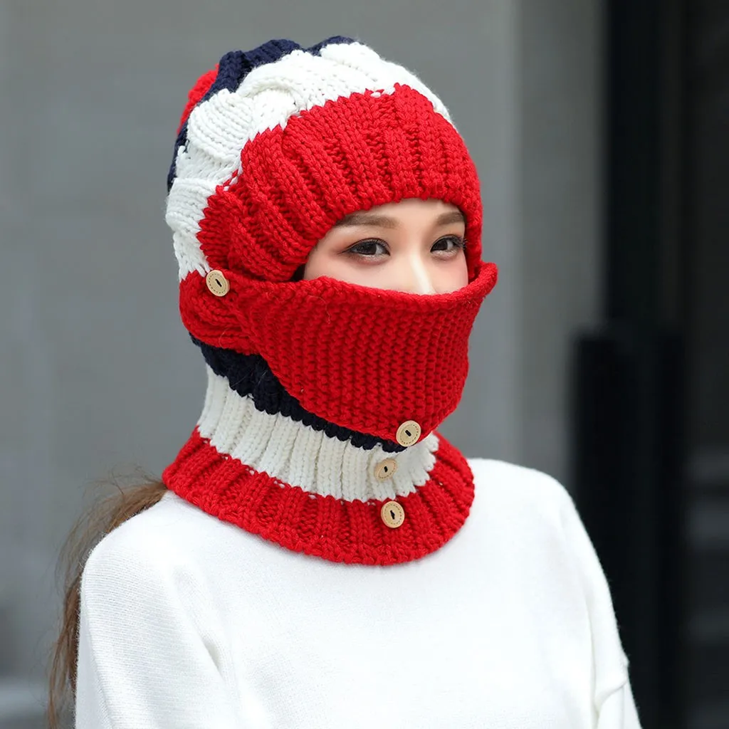 Red Jaycosin шапка женская шапка нагрудник маска набор утолщенная теплая вязаная шапка Повседневная полосатая Байкерская Кепка ветрозащитная Кепка женские шапки и шарф наборы - Цвет: Red