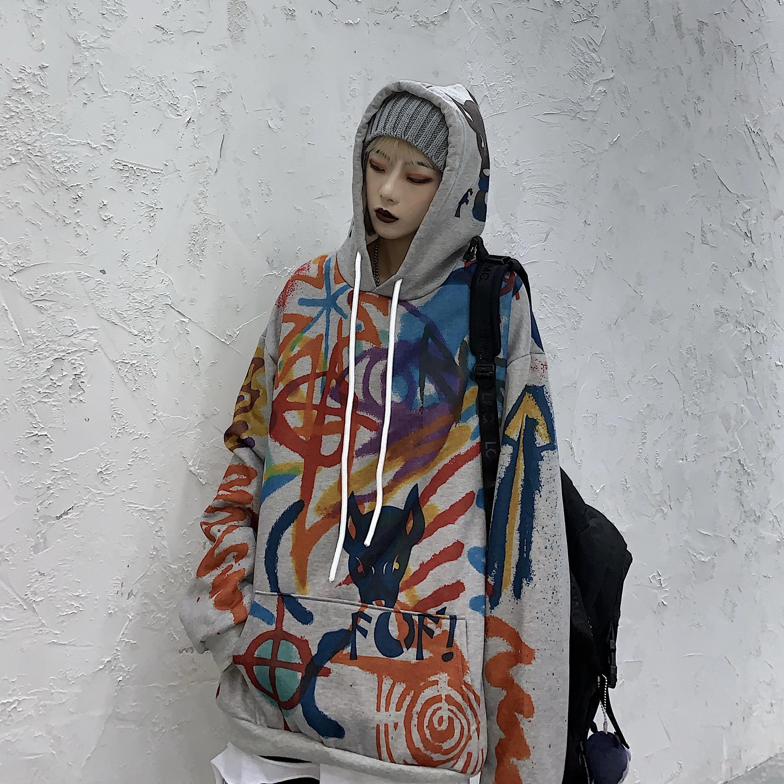Япония Стиль Harajuku с капюшоном пуловер с надписями Свободная Толстовка Для женщин Многоцветный полоски толстовки с капюшоном в стиле хип-хоп, костюмы для танцев