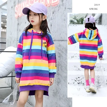 

Teen girl Sweatshirt 2020 Autumn Rainbow Striped Casual Hoodie for Girls Sweatshirt Tops 4-14 Year Kids Outfits Children Clothe