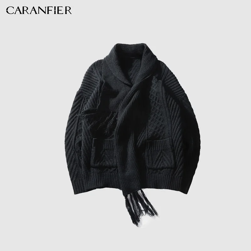 Best Price CARANFIER Men's Pullover Sweater Warm Autumn Winter Knit Scarf Coat Hook Pattern LongSleeve Wool Cardigan Men Leisure Turtleneck