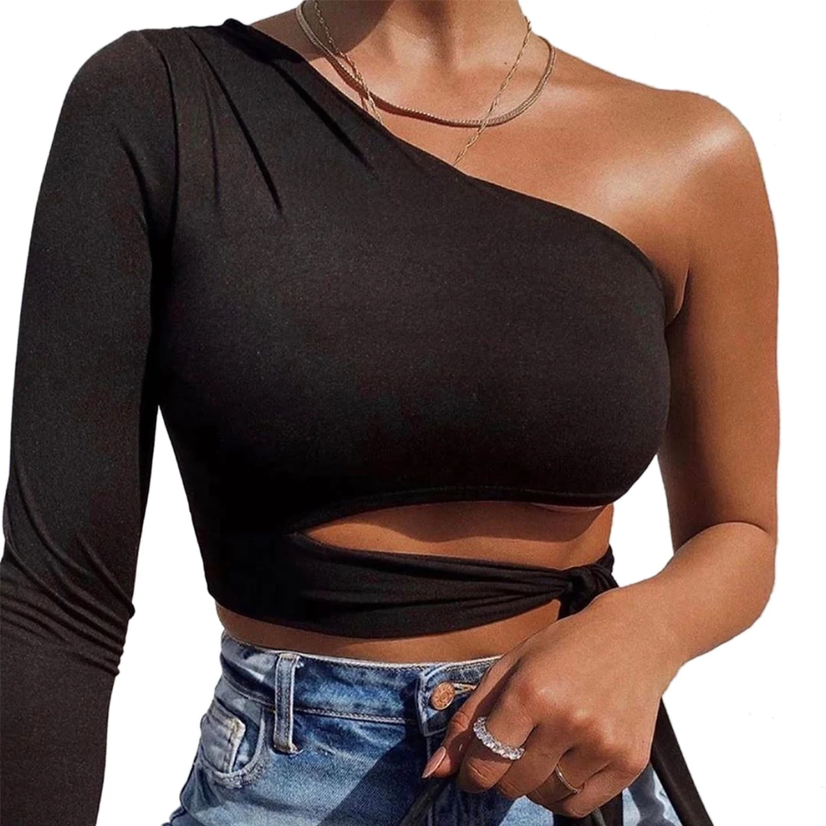 2020 Hot One Shoulder Solid Crop Top Women's Solid Sexy Backless One Shoulder Crop Tops Cut-Out Cropped Feminino Tops Streetwear