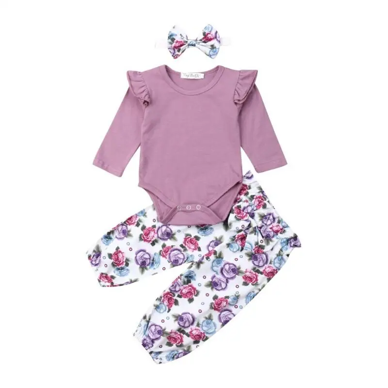 

Spring Autumn 3PCS Newborn Baby Girl Clothes Long Sleeve Solid Color Romper Tops Flower Printed Pants Outfit