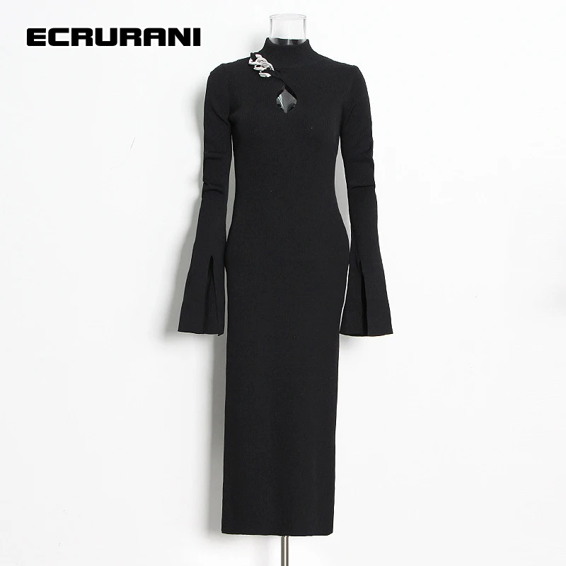 

ECRURANI Black Casual Dress For Women Turtleneck Long Sleeve High Waist Hollow Out Solid Mid Dresses Females 2022 Clothing