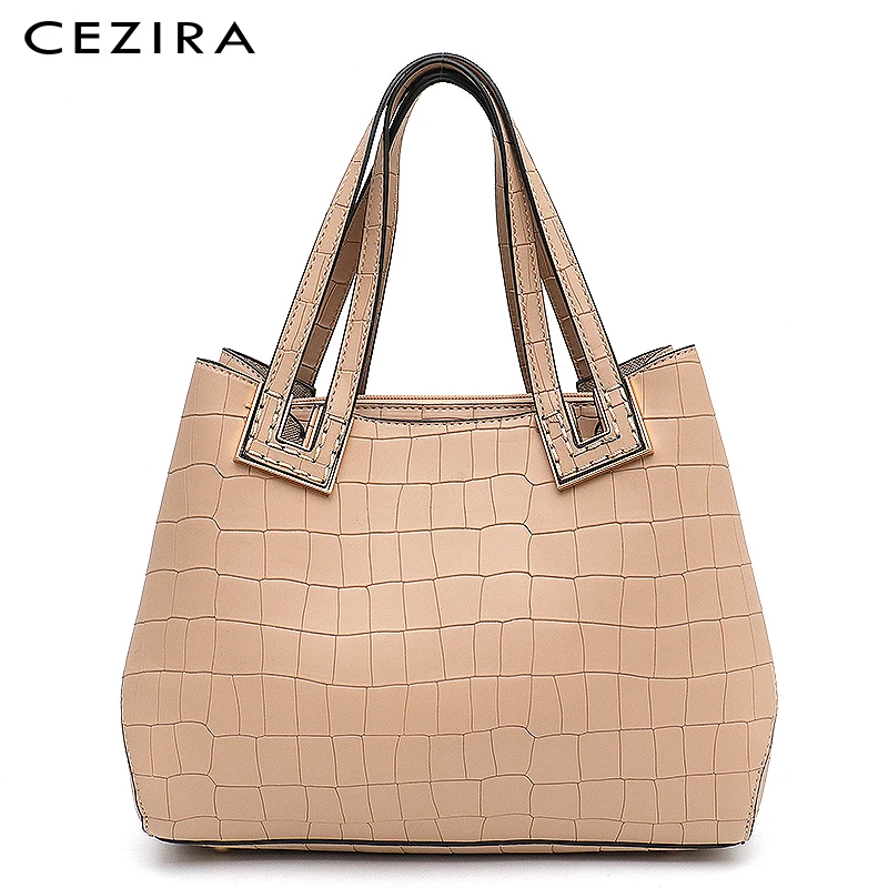 

CEZIRA Large Capacity Women Tote Bags Daily Multi Zippers Stone Print Top-handle Tote Bag with Purse Vegan Leather Messenger Bag