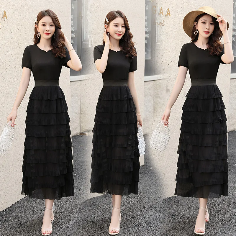 

2019 Summer New Style Waist Hugging Slim Fit Versatile Base Chiffon Layers Cake over-the-Knee Long Skirts Short-sleeve Dress Wom