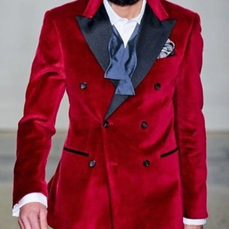 Red Velvet Casual Men Suits for Wedding Groomsmen Tuxedos Tailor Made 2 Piece Prom Male Set Jacket with Black Pants New Fashion