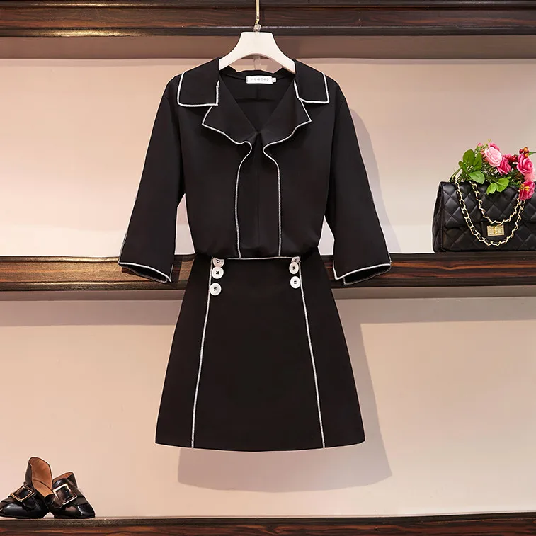 

HAMALIEL New 2019 Autumn Women 2 Piece Set Fashion Chiffon Black Ruffles Plus Size Shirt + Office OL Button A Line Skirt Set