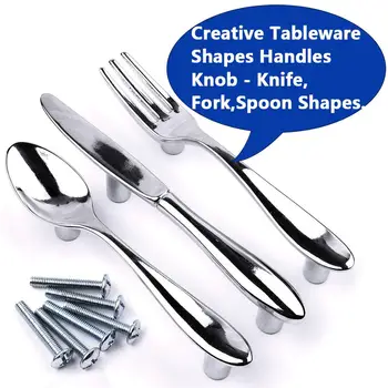 

New 3Pcs/Set Zinc Alloy Spoon Knife Fork design Kitchen Cabinet Closet Drawer Pull Handles with Screws