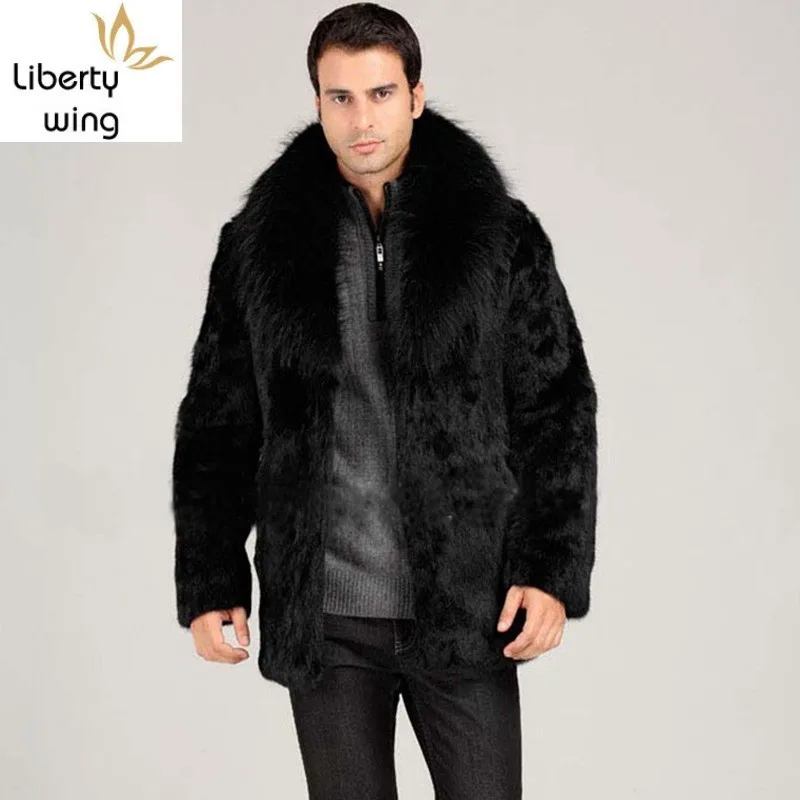 

Italy Designer Mens Business Work Winter Faux Coats Office Thick Warm Parka Fox Fur Collar Overcoats Loose Black Jackets