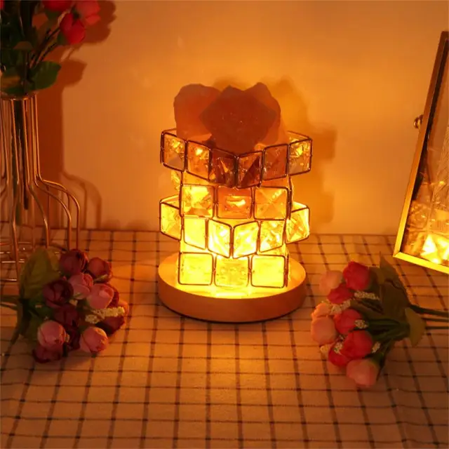 USB Crystal Light Natural Himalayan Salt Lamp Led Lamp Wooden Base Iron Crystal Geometric Gift Night Light Bedside Lamp Gifts 1