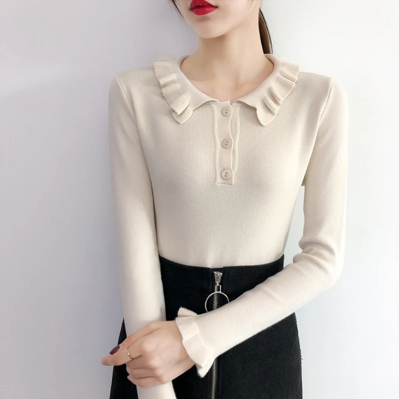 2019 Women Flare Sleeve Ruffles Sweaters Winter elastic Slim Ladies knit Soft Pullovers female Tops fashion jumpers cardigan for women