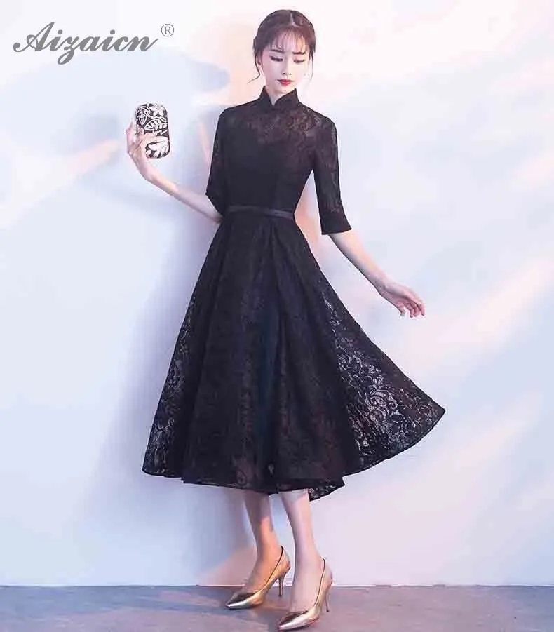 Черное кружевное вечернее платье Cheongsam современные элегантные длинные платья Qi Pao Женская традиционная китайская одежда Восточный стиль Qipao