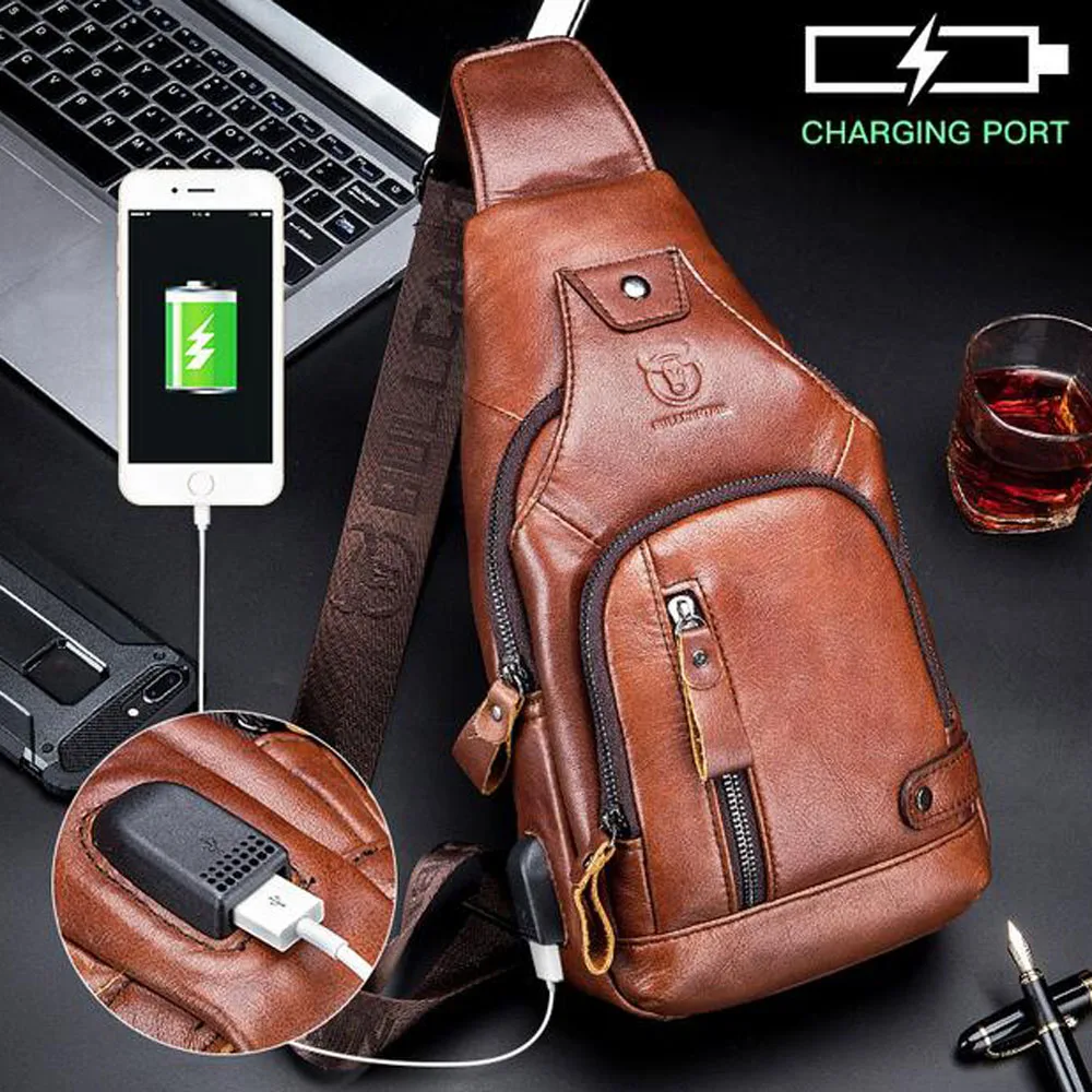 

High Quality men's USB chest bag Messenger bag for Men Messenger bag leather shoulder bag new travel Cowhide Shoulder Bag