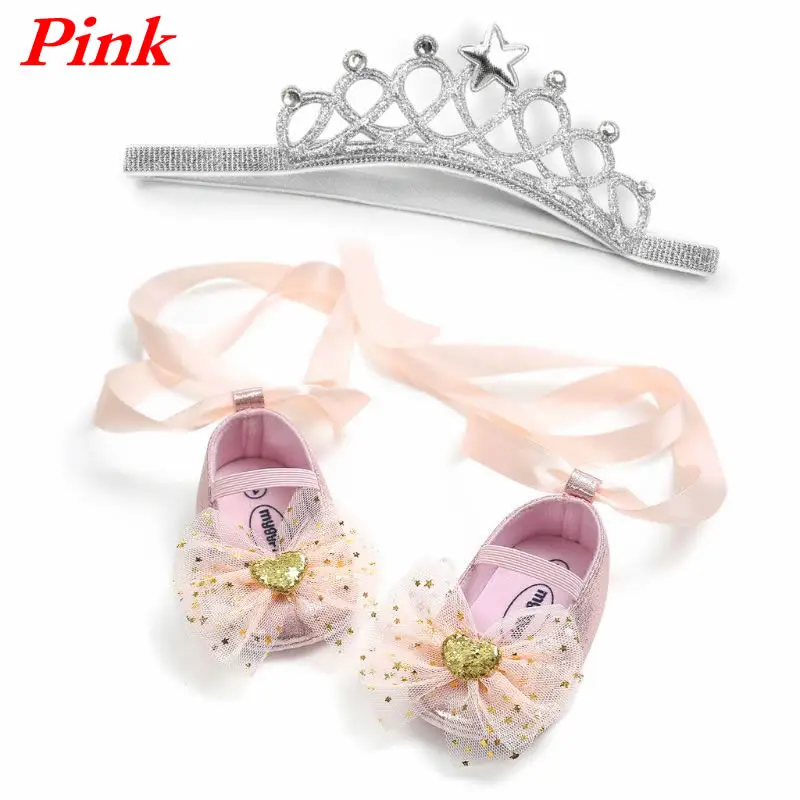 Pink Одежда для малышей и девочек мягкая подошва детская обувь, новорожденные Шнуровка с бантиком для принцессы туфли+ повязка на голову, комплект одежды из 2 предметов комплект для малышей милое детское платье Вечерние, для тех, кто только начинает ходить - Цвет: Pink