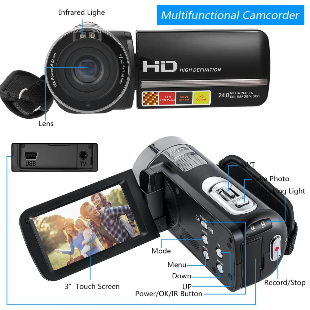 5,0 м HD CMOS сенсор 3,0 дюймов TFT вспышка цифровая камера 24,0 МП FHD ЖК-экран вращения цифровая камера с 16X цифровым зумом