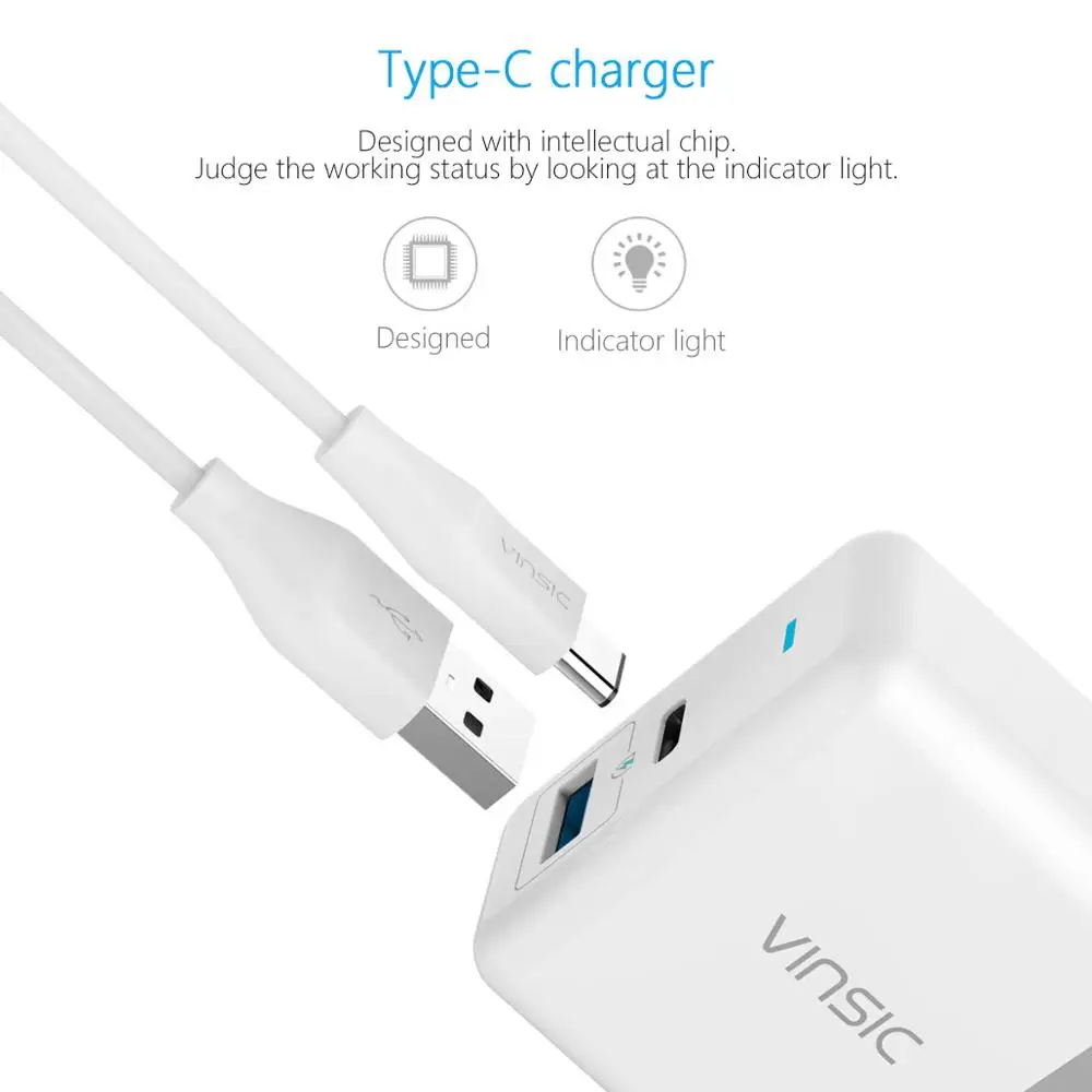 Зарядное устройство Vinsic type-C, 5 В, а, type-c, двойной USB порт, умное настенное зарядное устройство, зарядное устройство для путешествий, штепсельная вилка США для iPhone, ipad, mini, samsung, Xiaomi