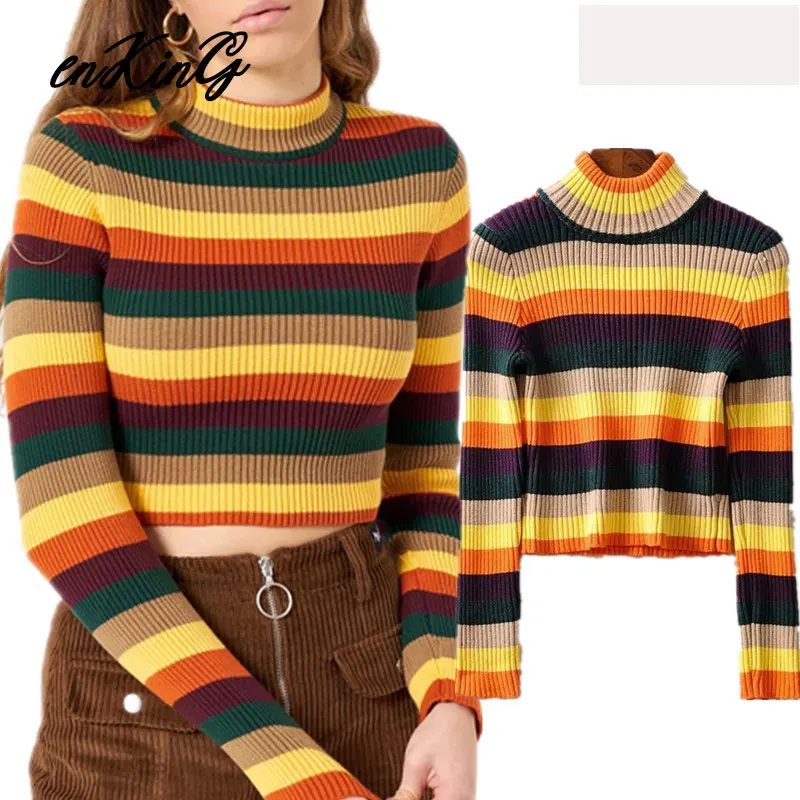 

2019 bts england vintage preppy style stripe turtleneck winter sweaters women pull femme short sweaters women pullovers tops