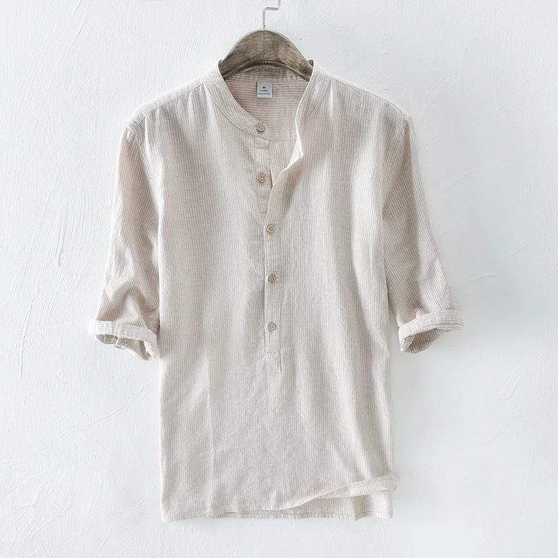 Новые мужские рубашки 55% лен + 45% хлопок три четверти рукав полосатые рубашки Мужская модная льняная рубашка Льняная мужская одежда Размер
