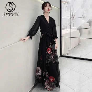 

Skyyue Black A-Line Robe De Soiree FR330 V-Neck Full Sleeve Banquet Dresses For Women Flower Pattern Elegant Long Gowns 2020