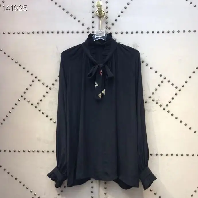 Подиумные блузы и рубашки для женщин весна лето металлические пуговицы грибковый воротник офисная Дамская Высокая конец черные свободные рубашки