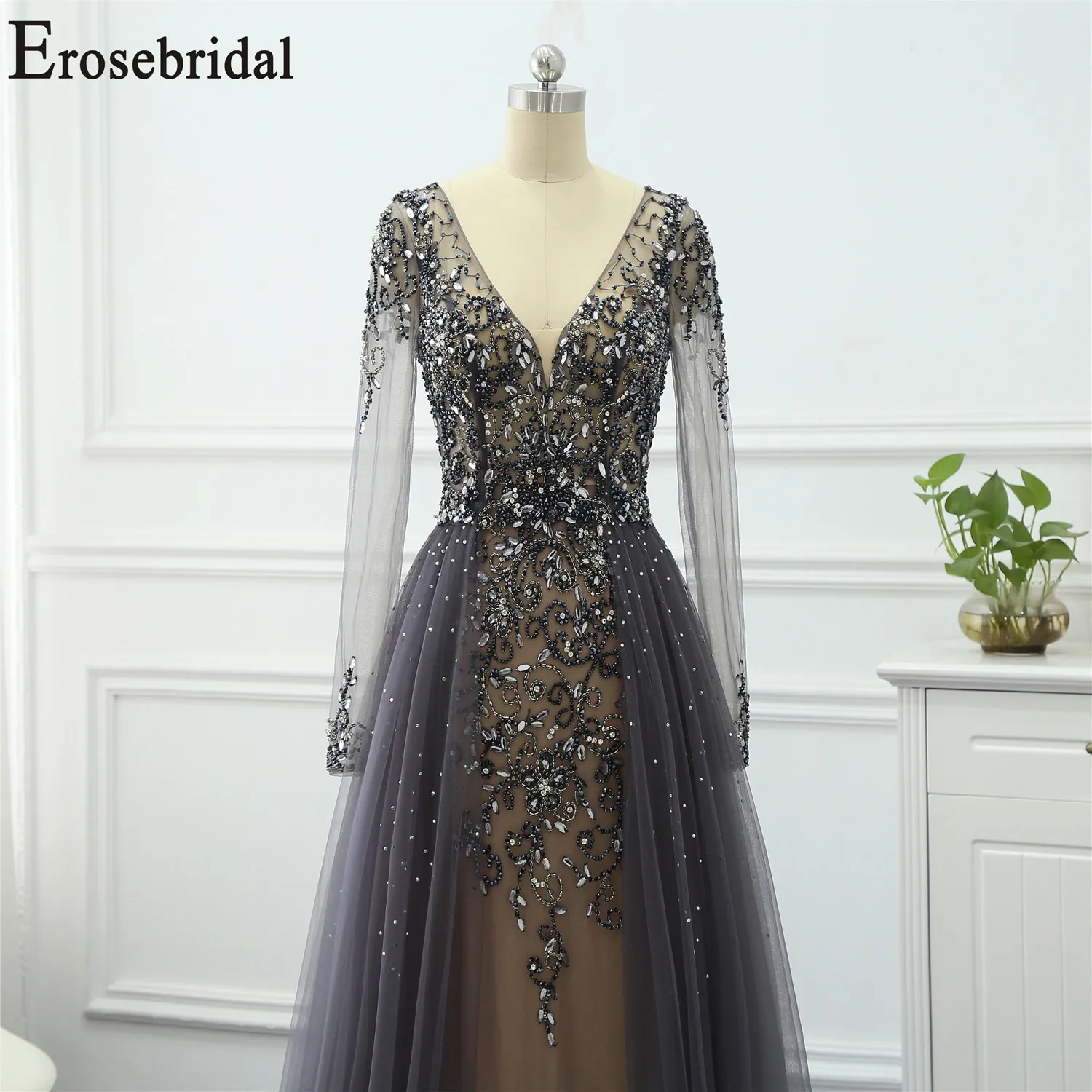 Erosebridal платья с длинным рукавом для особых случаев для женщин вечернее платье Длинные официальные платья вечерние платья тюль ткань с бисером