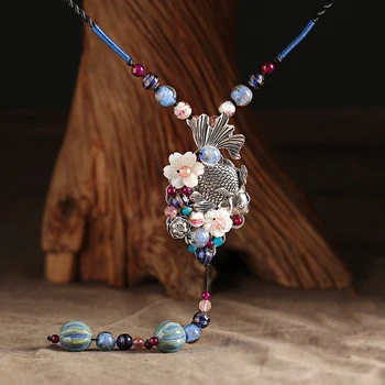 

Asain Style Colorful Stone Alloy Fish Necklace Pendants Solid Pendant Colar Necklace For Women Gift With Chain Fine Jewelry