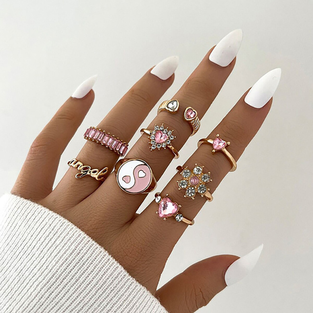Colorful Enamel Finger Ring Set For Women Heart Butterfly Flower Crystal Kunckle Rings Fashion Lady Party Jewelry