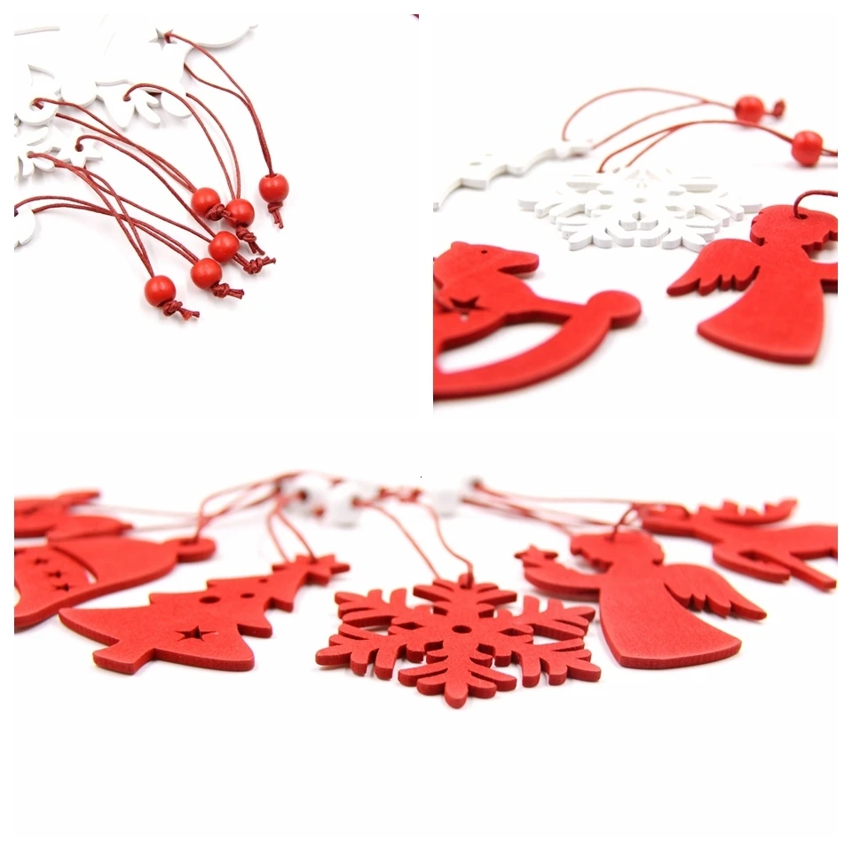 6PCS DIY White&Red Snowflakes Christmas Wooden Pendants Ornaments For Xmas Tree Ornaments Christmas Party Decorations Kids Gift