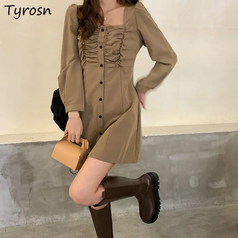

Long Sleeve Dress Women Retro Knee-length Loose Solid A-line Elegant Fashion Girls Mujer Vestidos Leisure Button Pleated Tunic