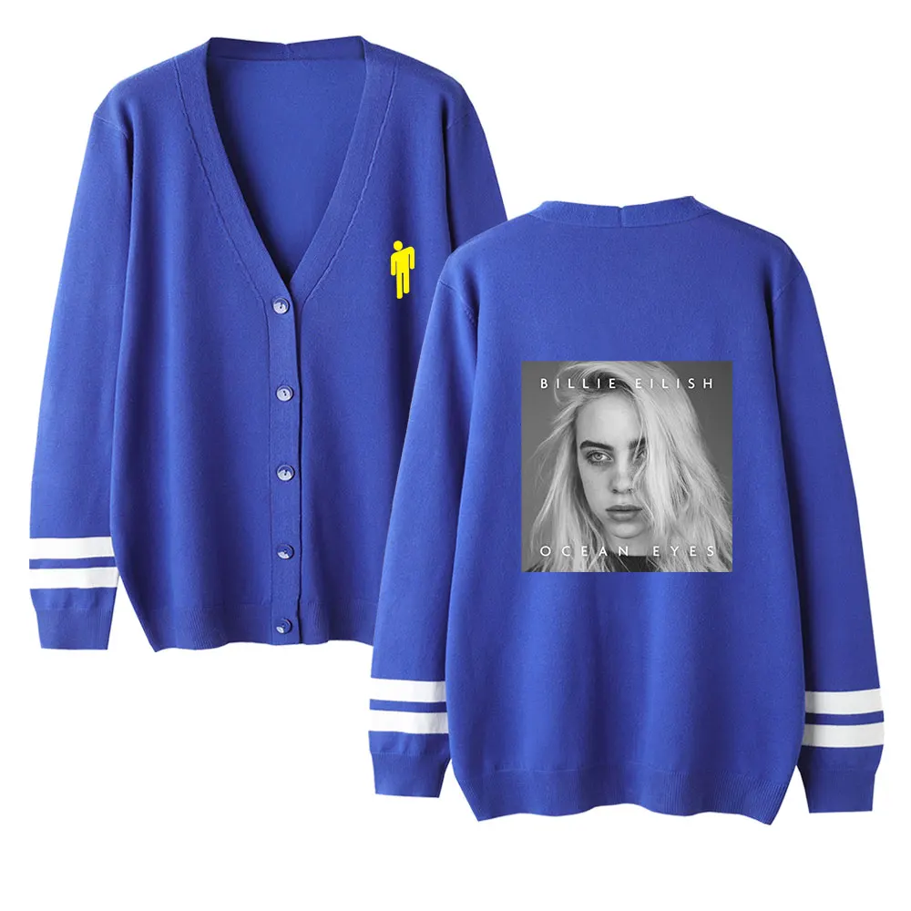 Billie Eilish женский свитер с v-образным вырезом, сплошной цвет, свободный свитер, однобортный Повседневный вязаный кардиган, Осеннее/зимнее пальто размера плюс