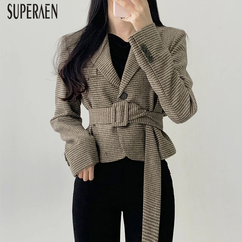 SuperAen, корейский стиль, женский костюм, куртки, осень, новинка, хлопок, женские куртки, в клетку, с длинным рукавом, модная короткая женская одежда