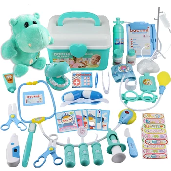

42Pcs/Set Children Pretend Dentist Toolbox Doctor Medical Playset With Hippo Toy For Kids Girls Birthdaty Gifts 2020 - Blue Pink