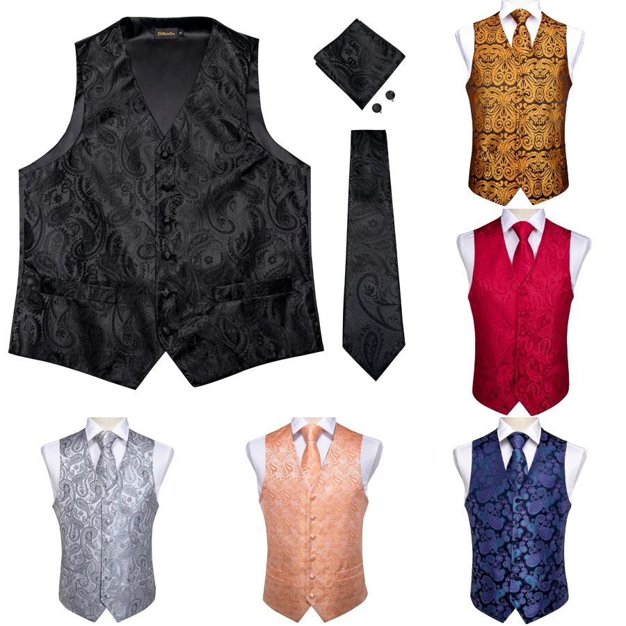 DiBanGu Black Paisley Fashion Wedding Men 100% Silk Waistcoat Vest Ties Pocket Square Cufflinks Set for Suit Tuxedo MJTZ-109