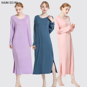 

Ladies Sleep Lingerie Dress Solid O-Neck Long Nightgown Modal Sleepwear Summer Loose Pregnant Nighty Nightdress Lounge Dress
