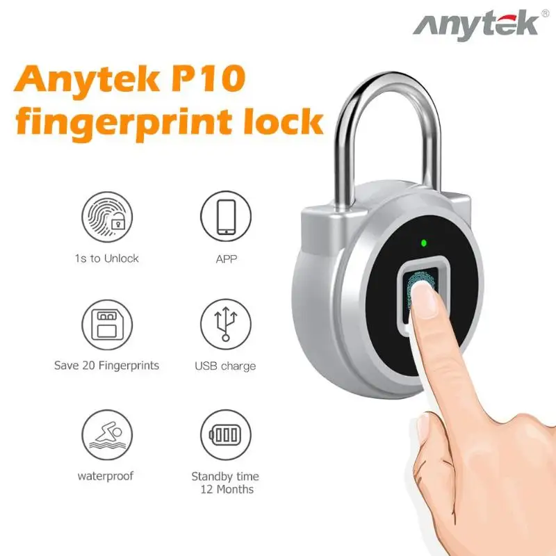 Anytek Fingerprint Lock Anti Theft Smart Keyless Padlock Door Box Bag Waterproof