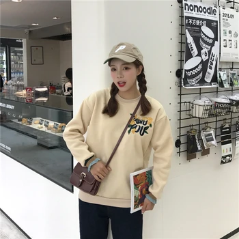 

2020 New Girl Thickened Plus Velvet Hoodies Crewneck Spring Winter Apricot Embroidered Flower Pattern Light Color Pullover