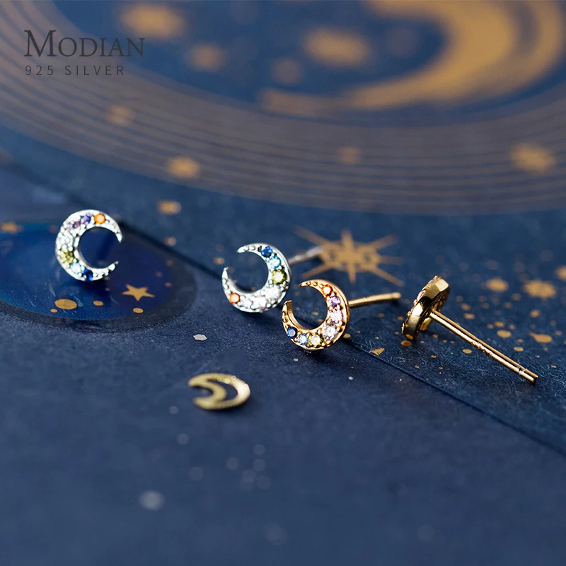 

Modian New 925 Sterling Silver Colorful Crystal Moon Tiny Stud Earring for Women Luxury Ear Pin Fine Jewelry Student Accessories