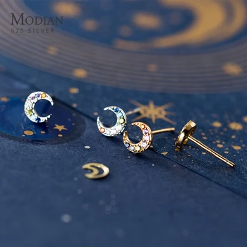 

Modian New 925 Sterling Silver Colorful Crystal Moon Tiny Stud Earring for Women Luxury Ear Pin Fine Jewelry Student Accessories