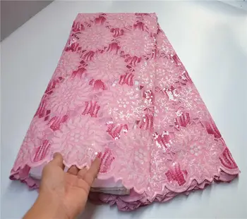 

Pink Organza Lace Fabrics High Quality African Sequins Lace Fabric Hollow Design French Net Lace With Sequins 5 Yards PSA976-1