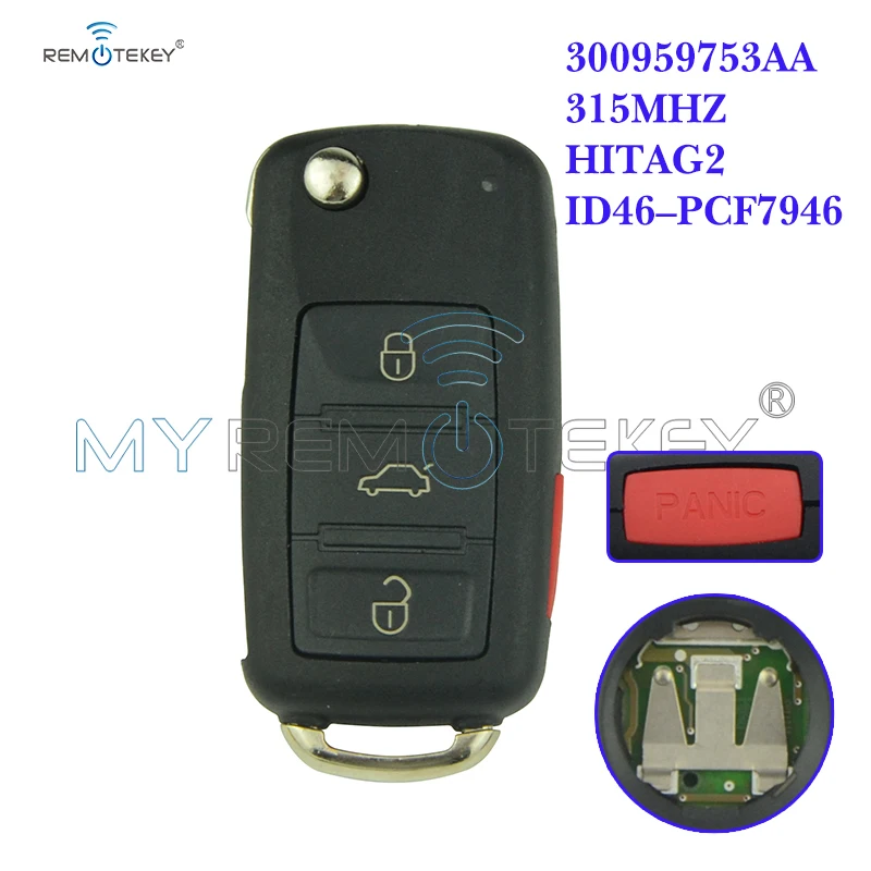Remtekey Car Remote Key 300 959 753aa Hu66 3 Button With Panic For Vw Touareg 2006 2007 2008 315MHZ ID46 Chip 3D0959753AA