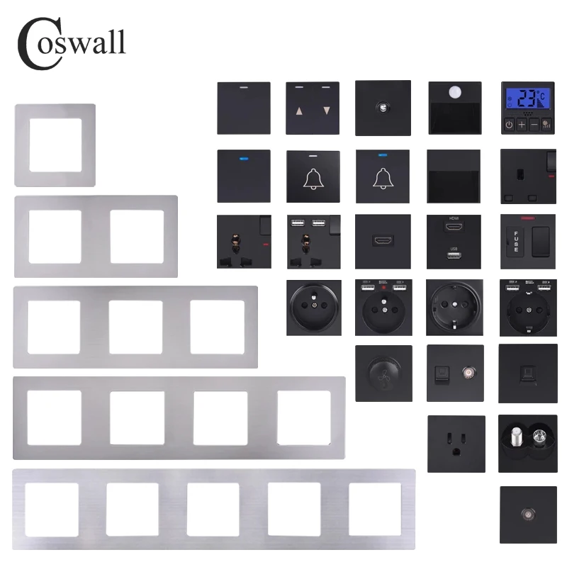 Coswall S08 Silver Stainless Steel Panel Black Wall Switch Eu French Socket Hdmi-Compatible Usb Charger Tv Internet Module Diy Coswall S08 Silver Stainless Steel Panel Black Wall Switch Eu French Socket Hdmi-Compatible Usb Charger Tv Internet Module Diy