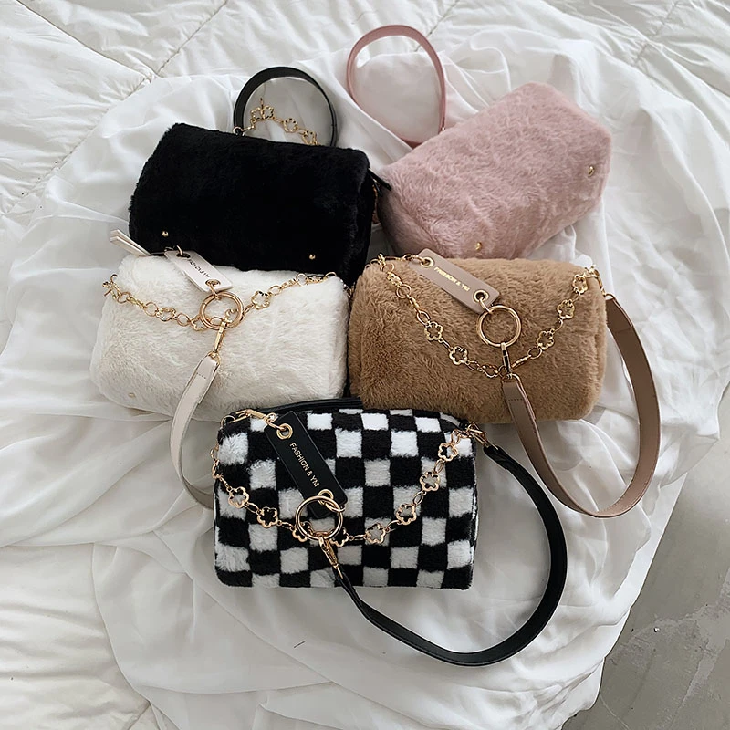 Black Fluffy Bags For Women 2021 Solid Plush Tote Bags Soft Furry Luxury Designer Handbag Korean Fashion Faux Fur Shoulder Bags