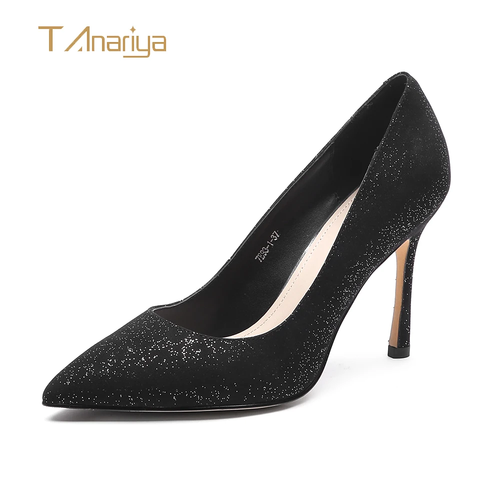 

Tanariya Black and silver leather sheepskin pointy heels for spring/autumn 2019 ladies high heels women shoes woman pumps
