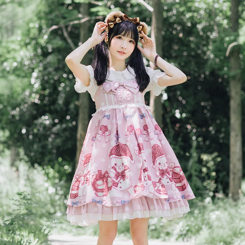 

Kawaii Japanese Polka Dot Bear Pink Cute Girl Suspender Dress Tea Party JSK Lolita Blue Dresses Loli Sweet Female Lo Dress