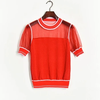 

Organza patchwork perspective knitted sweater women Puff sleeve thin Pullover modis sweaters Basic tops 2020 summer new arrival