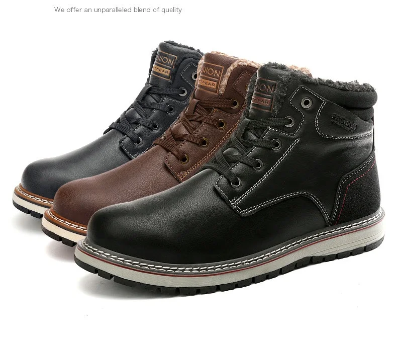 Mens Boots Winter With Fur Warm Ankle Snow Boots for Men Genuine leather Shoes Male Footwear Fashion Rubber Walker Peak